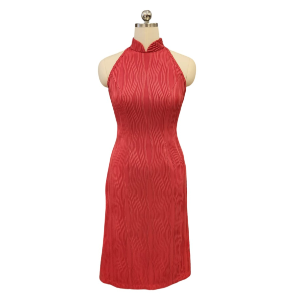 Salmon Red Pleated Lycra Aline Cut-in Cocktail Cheongsam