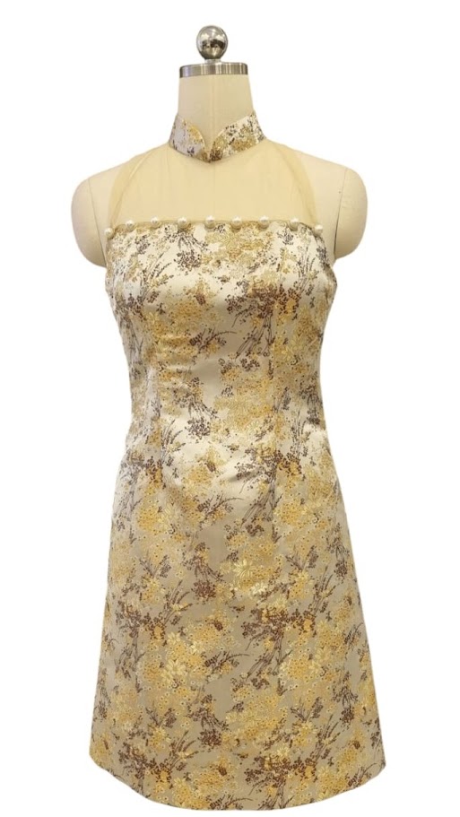 Gold Brocade Cocktail Cheongsam with Cut-in Halter Detachable mesh Collar - Image 3