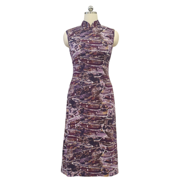 Purple Abstract Lycra Cotton Print Cocktail Cheongsam