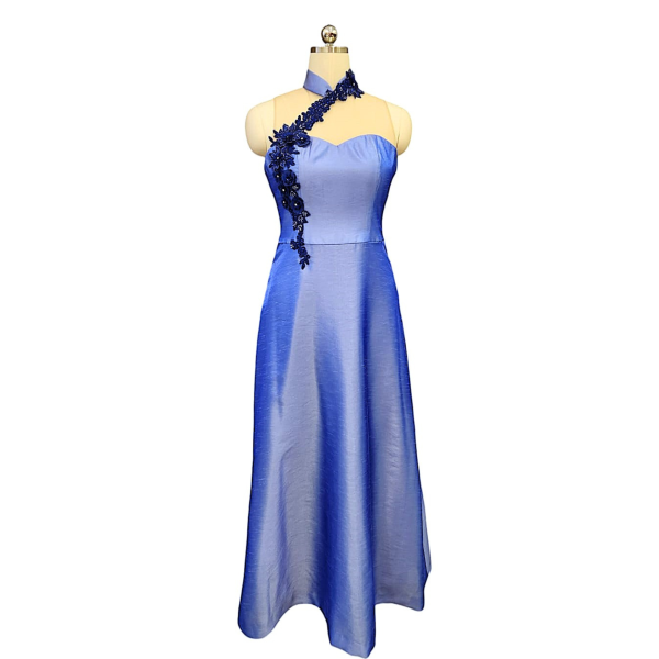 Blue Shantung Silk Cheongsam with Applique Work