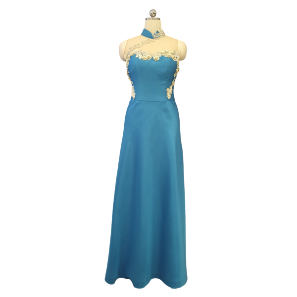 Turquoise Shantung Silk Long Cheongsam with Applique Work