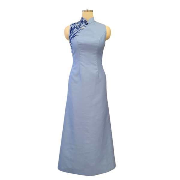 Sky Blue Shantung Silk Cheongsam with Applique work and Pearl Buttons
