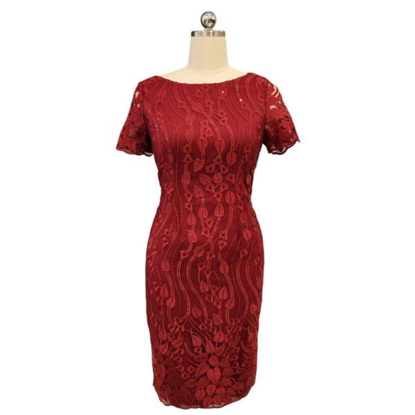 Dark Red Embroidery Boatneck Cocktail Dress