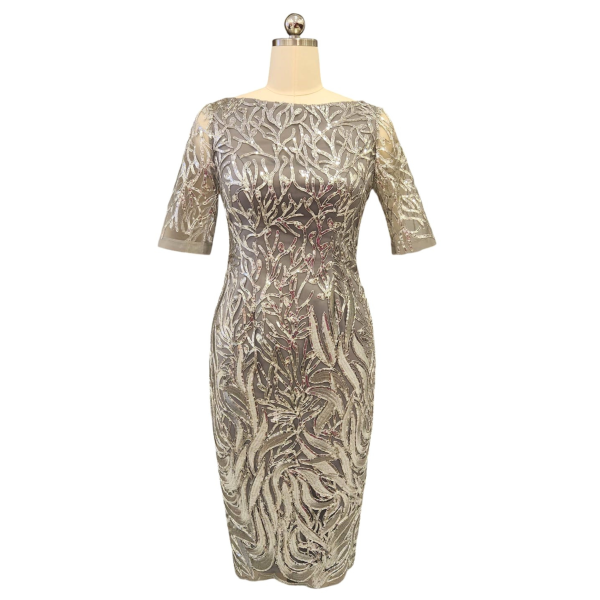 Silver Embroidery Sequin Boatneck Cocktail Dress with Three-quarter sleeves