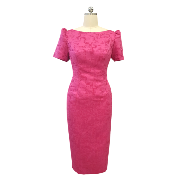 Fuchsia Pink Brocade Boatneck Cocktail Dress w Puff Sleeves