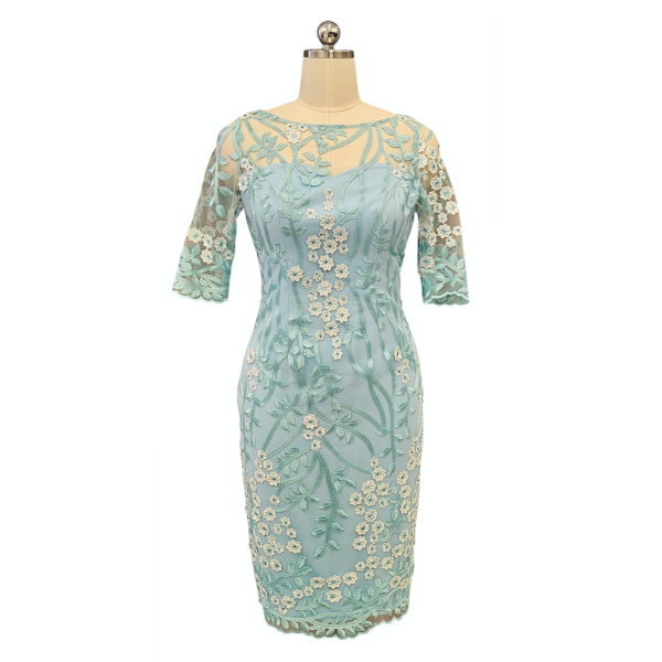 Light Green Embroidery Lace Cocktail Dress with Three-quarter Sleeves