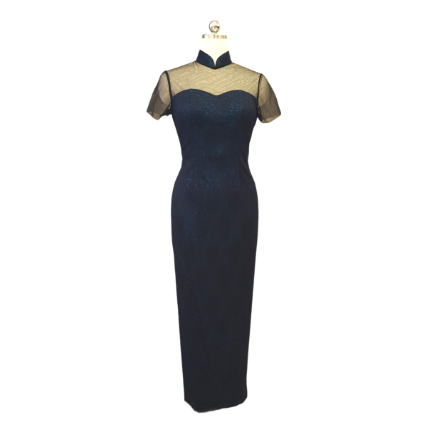 Metallic Black Lace Cheongsam with Illusion Neckline