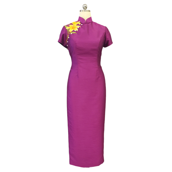 Magenta Shantung Silk Long Cheongsam with Floral Applique Work