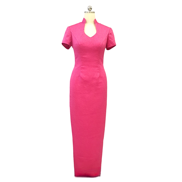 Fuchsia Pink Brocade Long Cheongsam with Queen Anne Neckline