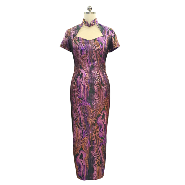 Purple Bronze Brocade Long Cheongsam with Open Front Mesh