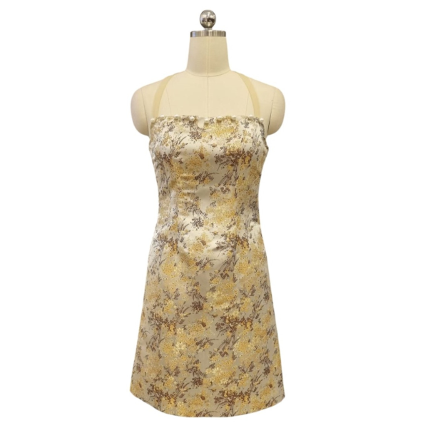 Gold Brocade Cocktail Cheongsam with Cut-in Halter Detachable mesh Collar