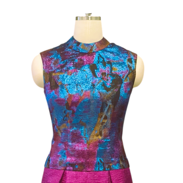 Blue and Pink Metallic Brocade Mandarin Round Collar Cheongsam Top