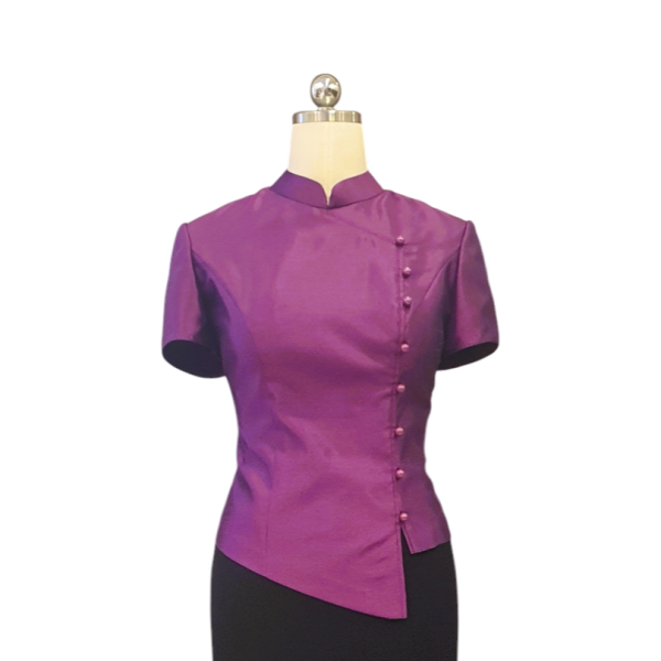 Purple Shantung Silk Asymmetrical Cheongsam Top with Pearl Buttons