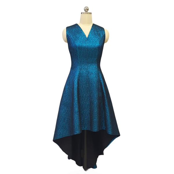 Metallic Teal Jacquard Cocktail Dress with V-neck