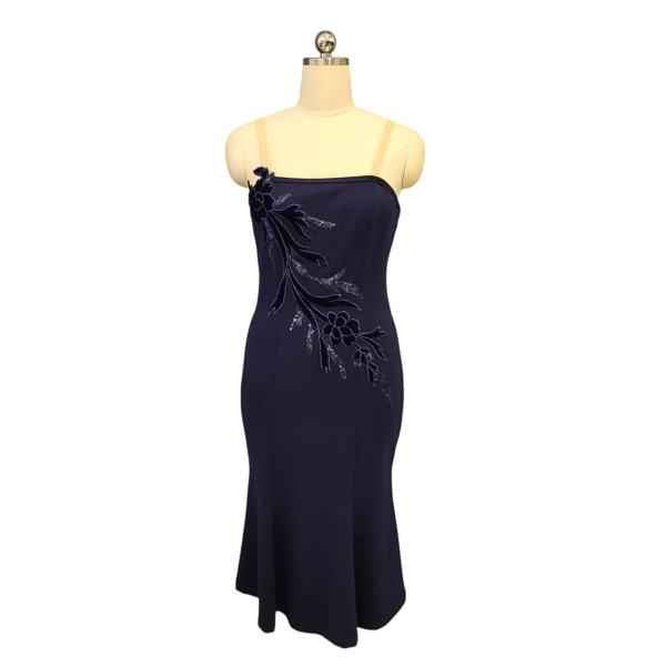 Navy Blue Spaghetti Strap Mermaid-cut Cocktail Dress with Applique Work