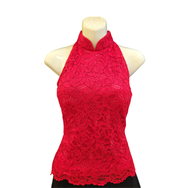Red Knit Lace Cut-in Halter neck Cheongsam Top