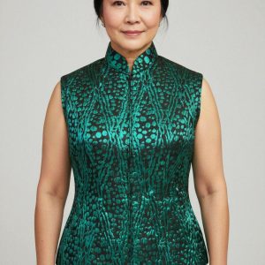 Green Brocade Cheongsam Top with Center Zip