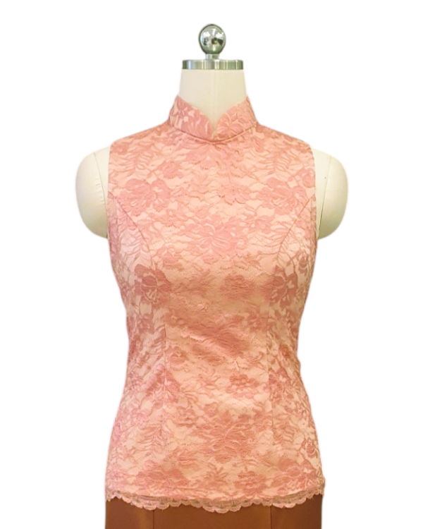 Salmon Pink Floral Lace Cheongsam Top