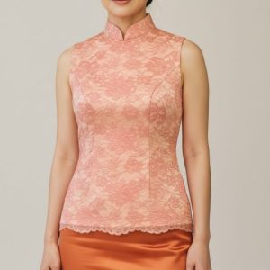 Salmon Pink Floral Lace Cheongsam Top