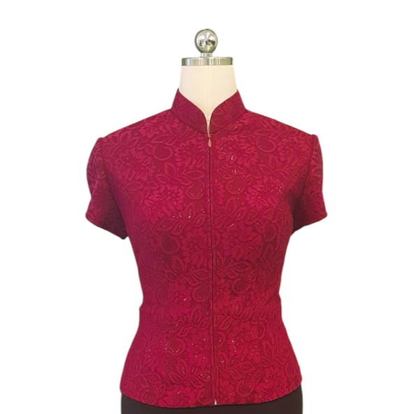 Maroon Bonded Lace Cheongsam Top with Open Front Zip