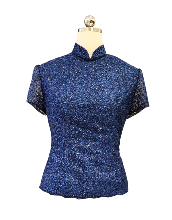 Blue Embroidery Tulle Cheongsam Top on Shantung Silk