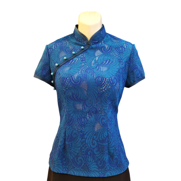 Teal Bonded Lace Cheongsam Top with Pearl Buttons