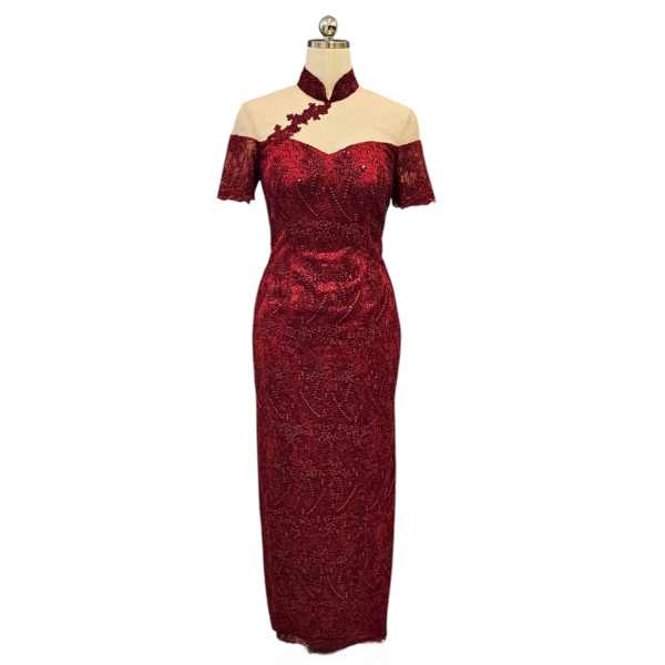 Maroon Embroidery Sequin Long Cheongsam with Illusion Neckline and Applique Work