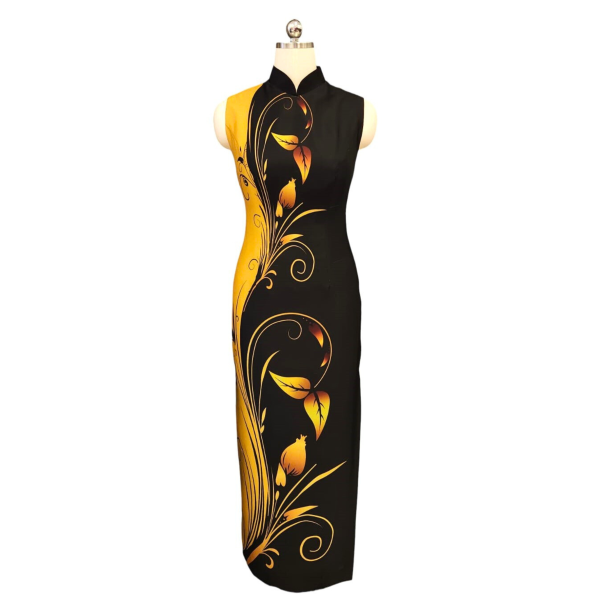 Black and Yellow Sleeveless Georgette Long Cheongsam