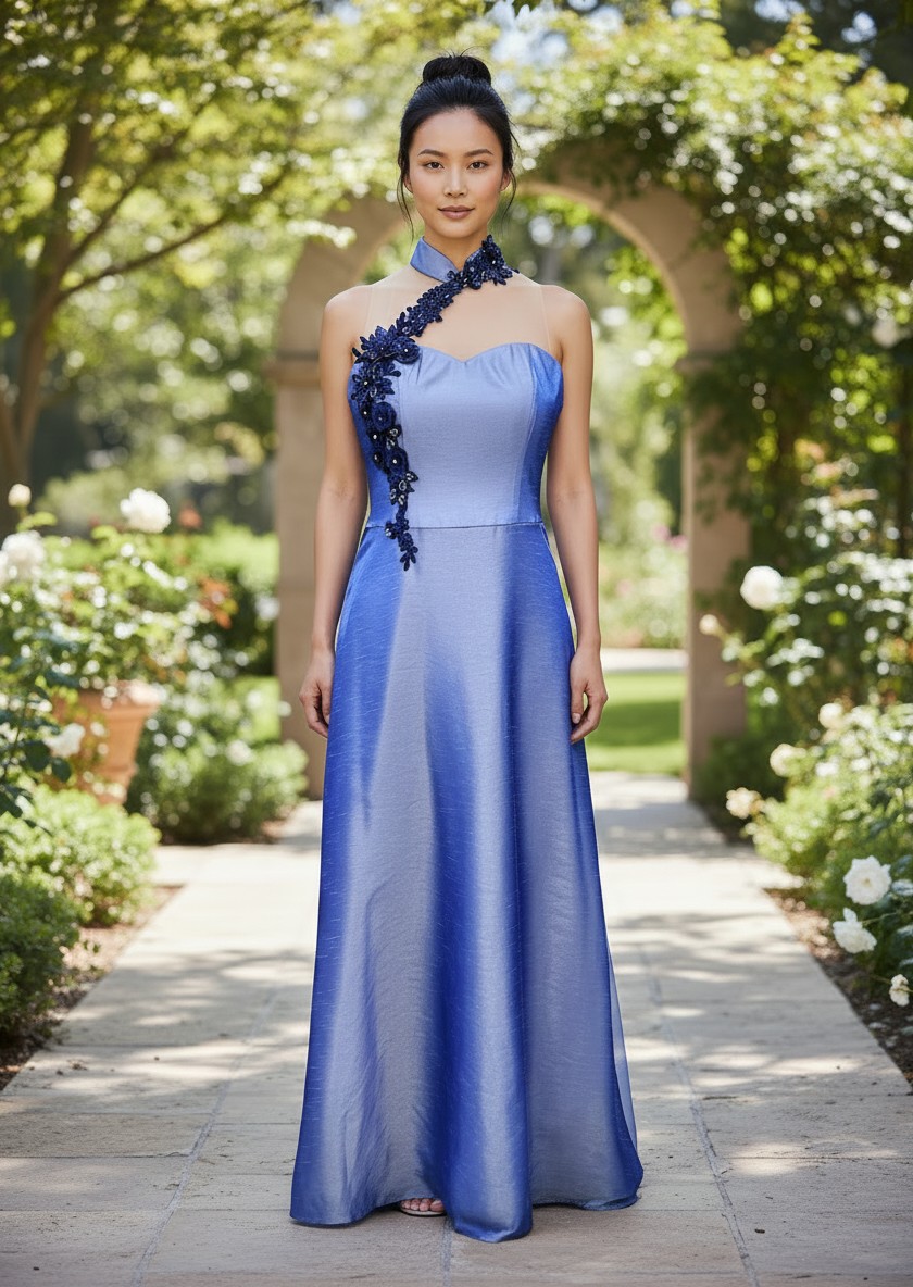 Blue Shantung Silk Cheongsam with Applique Work