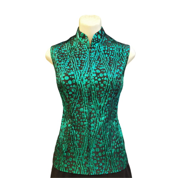 Green Brocade Cheongsam Top with Center Zip