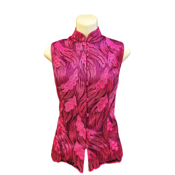 Fuchsia Pink Abstract Embroidery Tulle Cheongsam Top with Pearl Buttons