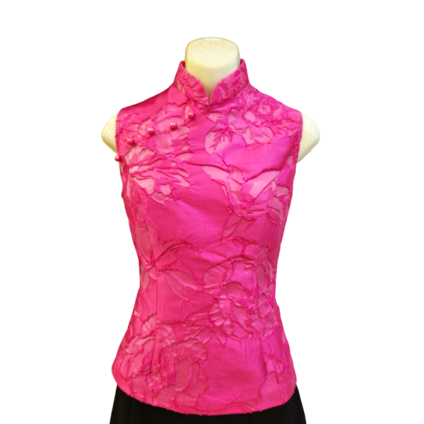 Fushia Pink Brocade Cheongsam Top with Pearl Buttons