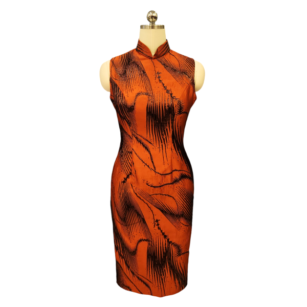Abstract Burnt Orange & Bronze Sleeveless Brocade Cocktail Cheongsam