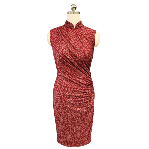 Maroon Printed Cotton Lycra Sleeveless Cocktail Cheongsam with Ruched Skirt