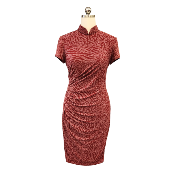 Maroon Printed Cotton Lycra Short-Sleeved Cocktail Cheongsam with Ruched Skirt