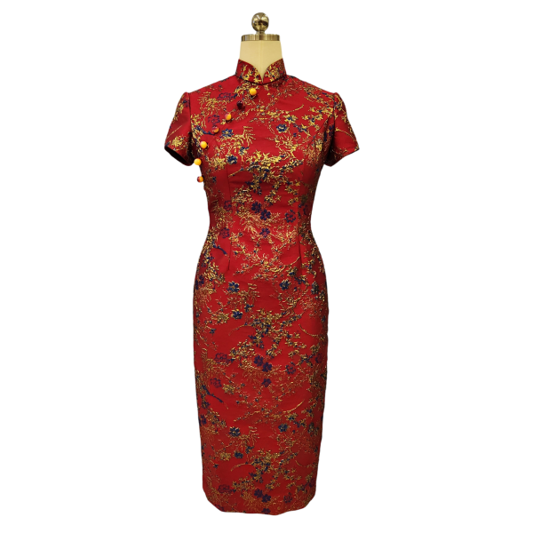 Red Metallic Brocade Cocktail Cheongsam with Short Sleeves and Buttons