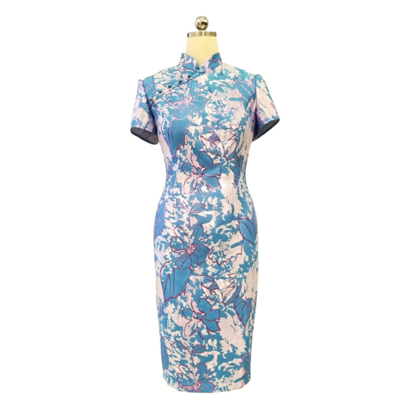 Blue & Peach Metallic Brocade Cocktail Cheongsam with Short Sleeves and Pearl Buttons