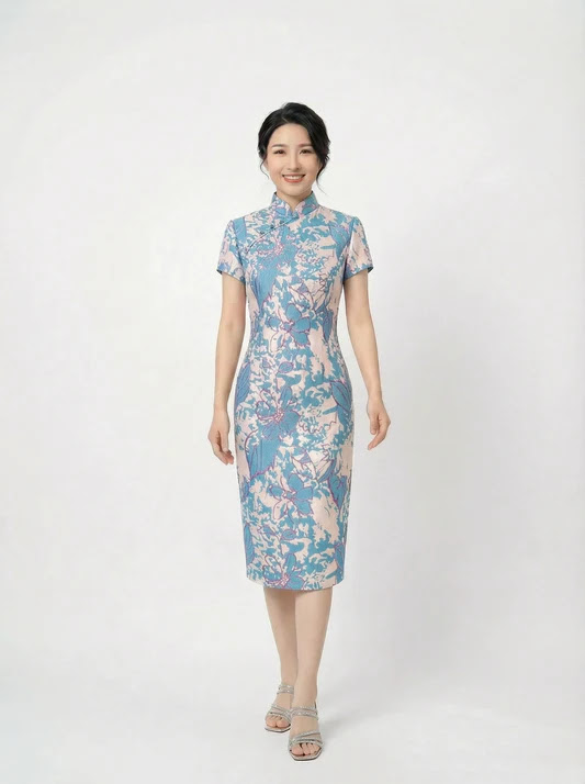 Blue & Peach Metallic Brocade Cocktail Cheongsam with Short Sleeves and Pearl Buttons