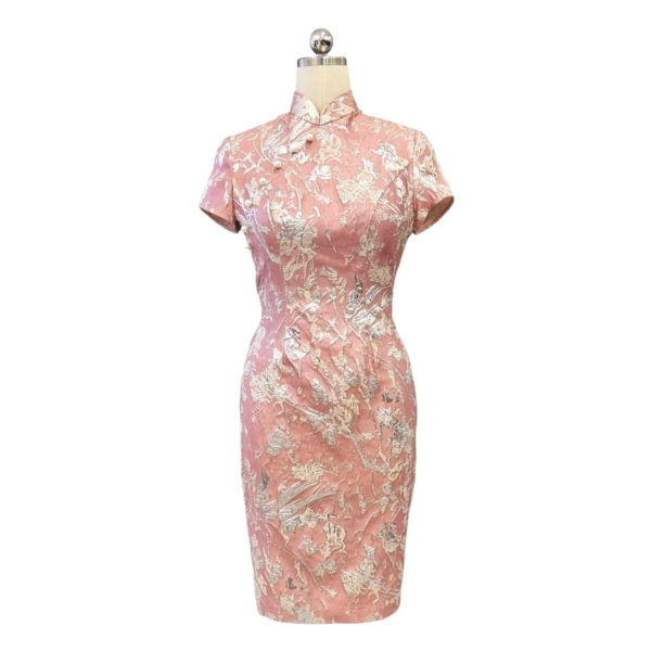 Pastel Pink Metallic Brocade Cocktail Cheongsam with Short Sleeves and Pearl Buttons