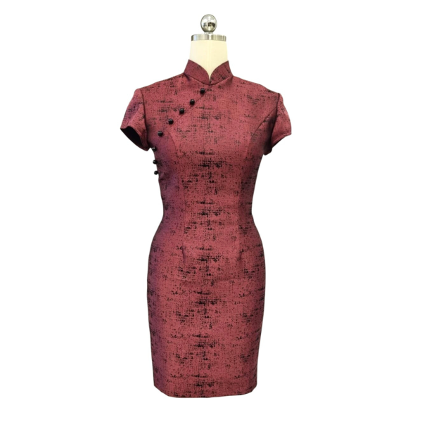 Maroon Jacquard Brocade Cocktail Cheongsam with Short Sleeves & Black Pearl Buttons