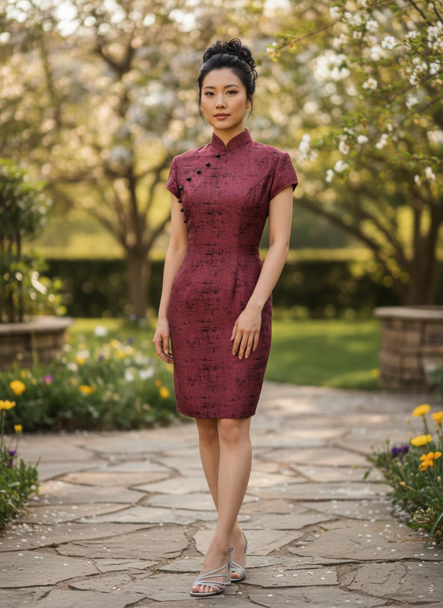Maroon Jacquard Brocade Cocktail Cheongsam with Short Sleeves & Black Pearl Buttons