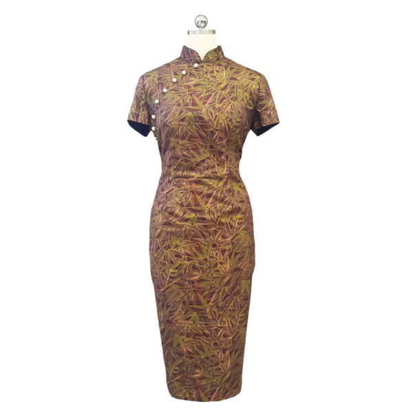 Bronze Olive Green Cocktail Cheongsam with Short Sleeves and Pearl Buttons