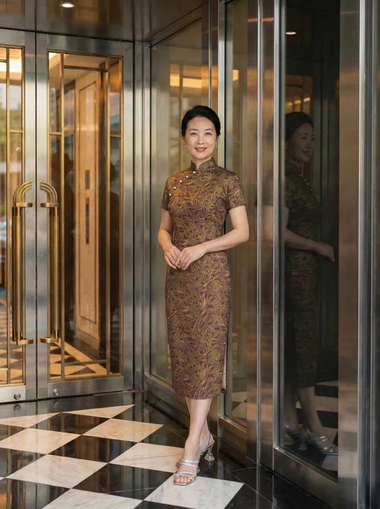 Bronze Olive Green Cocktail Cheongsam with Short Sleeves and Pearl Buttons