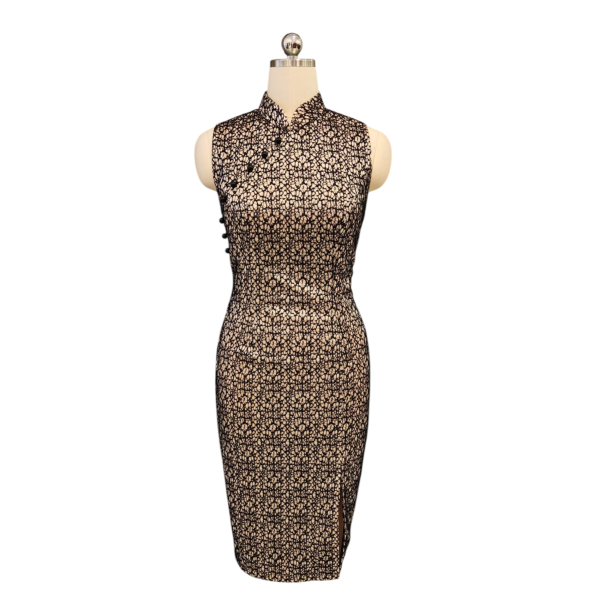 Black & Beige Bonded Lace Cocktail Cheongsam with Pearl Buttons
