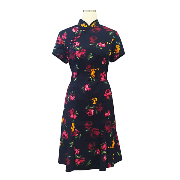 Black Floral Cotton Cocktail Cheongsam with A-line Skirt