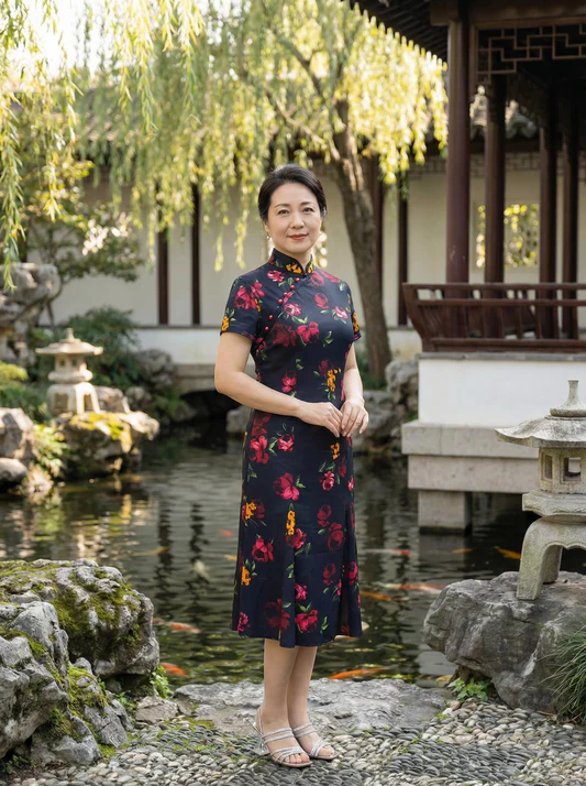 Black Floral Cotton Cocktail Cheongsam with A-line Skirt