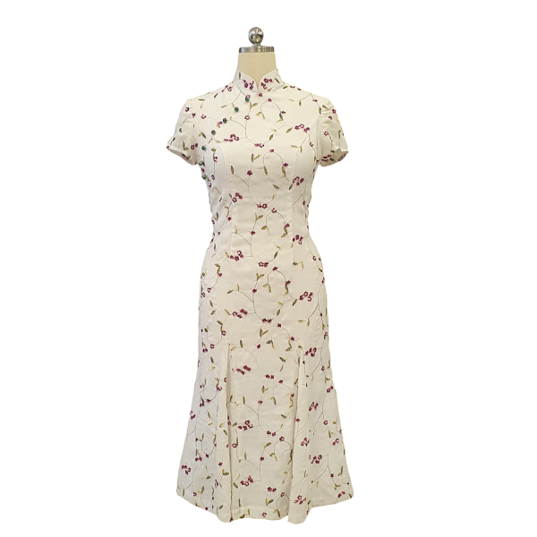 White Linen Embroidery Floral Cocktail Cheongsam with Pearl Buttons