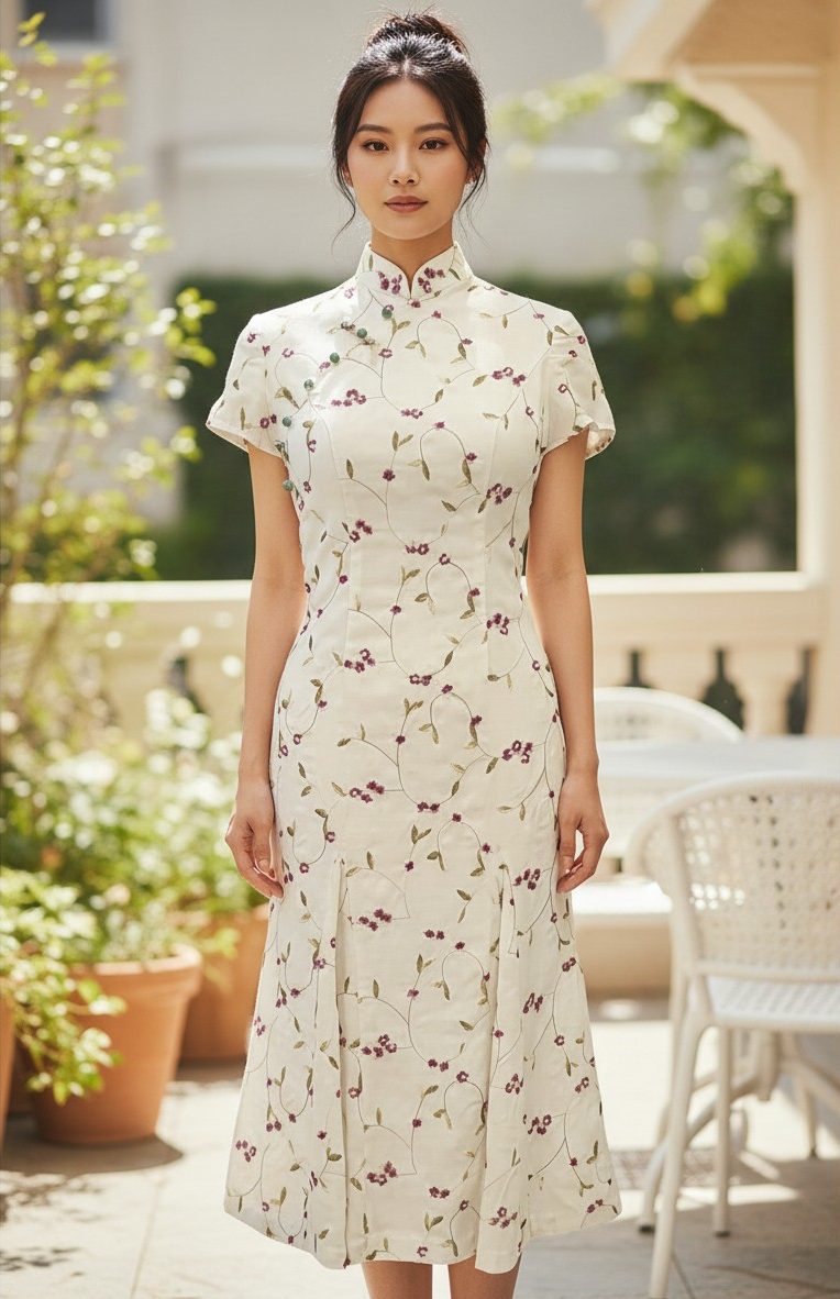 White Linen Embroidery Floral Cocktail Cheongsam with Pearl Buttons