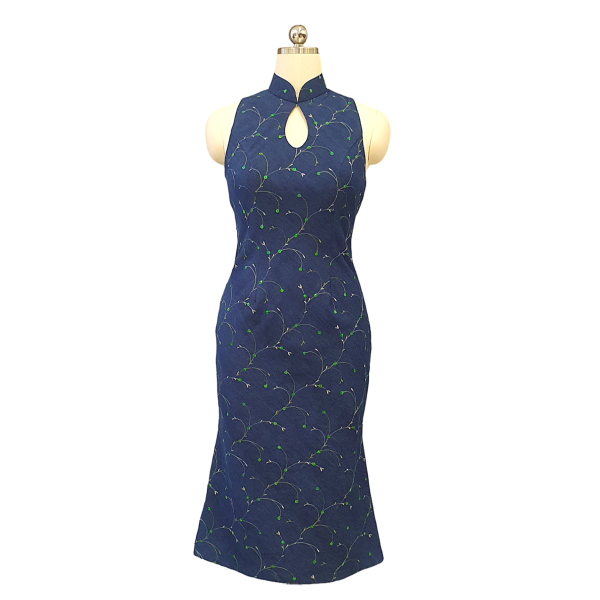 Denim Mermaid-cut Cocktail Cheongsam with Keyhole Collar and Sequins
