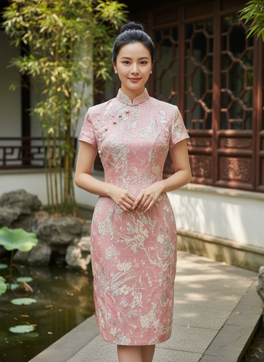 Pastel Pink Metallic Brocade Cocktail Cheongsam with Short Sleeves and Pearl Buttons
